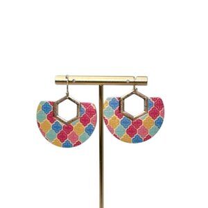 Colorful Geometric Pattern Dangle Earrings With Gold Hexagon Accent - Lightweigh